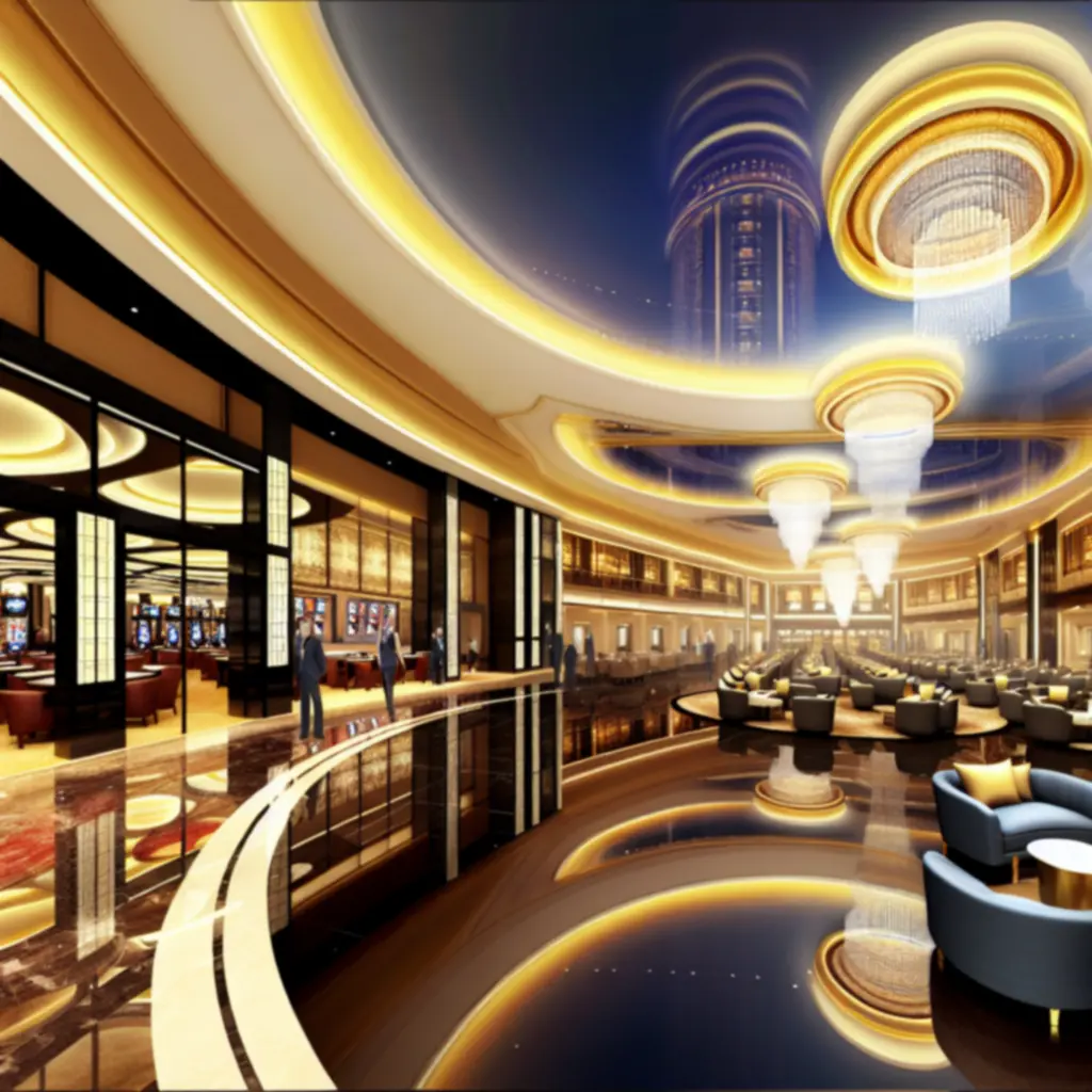 Luksusowe lobby hotelu casino oświetlone ciepłym, złotym światłem